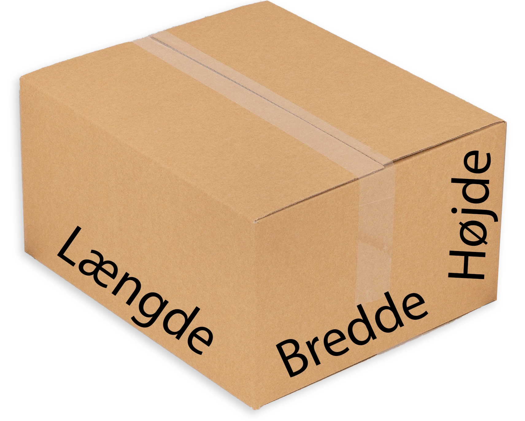 Illustration af måleguide for papkasse med længde x bredde x højde.